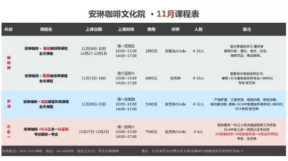 咖啡培训11月课程表