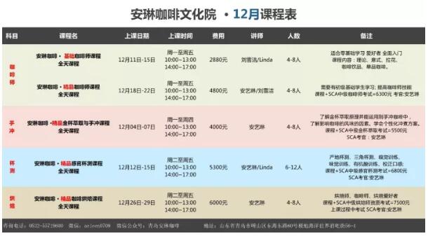 咖啡培训12月课程表