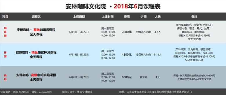 安琳咖啡文化院2018年6月课程表