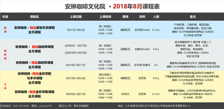 安琳咖啡文化院2018年8月课程表